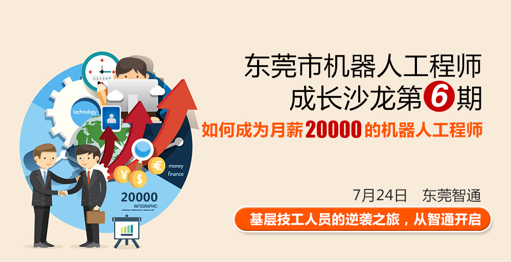 東莞市工業(yè)機器人工程師成長沙龍第六期，時間7月24日，地點東莞智通培訓(xùn)學(xué)院。